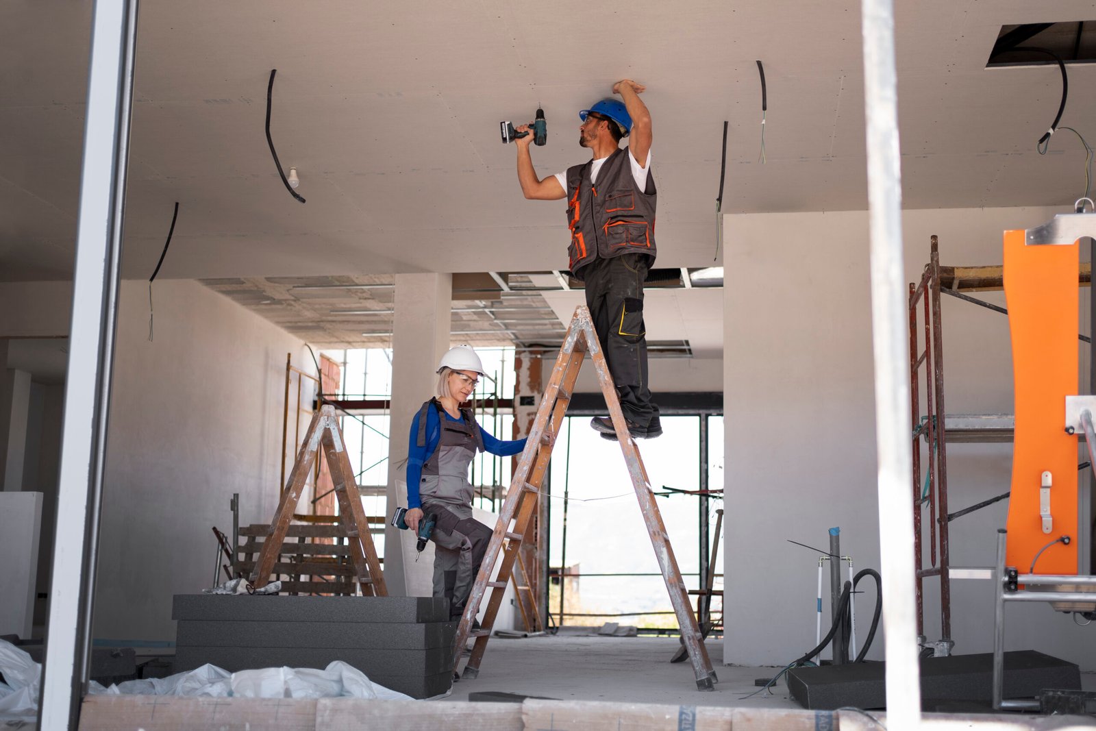 full shot man woman standing ladder scaled