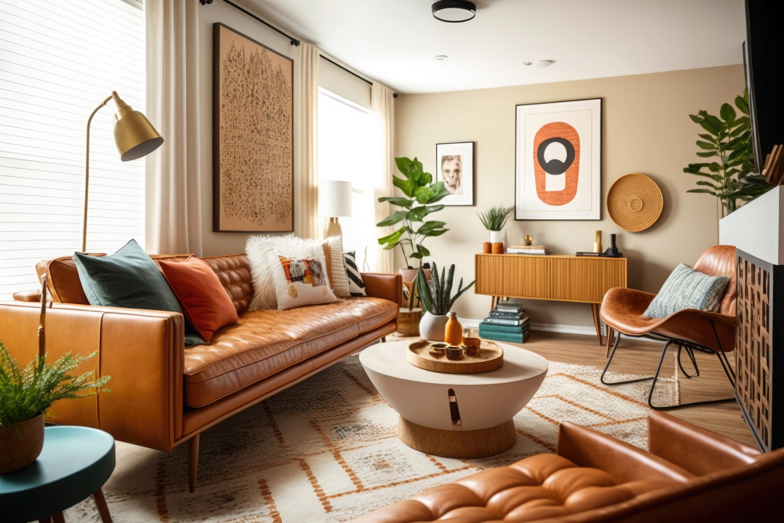 living room mid century style with warm colors ai generative scaled